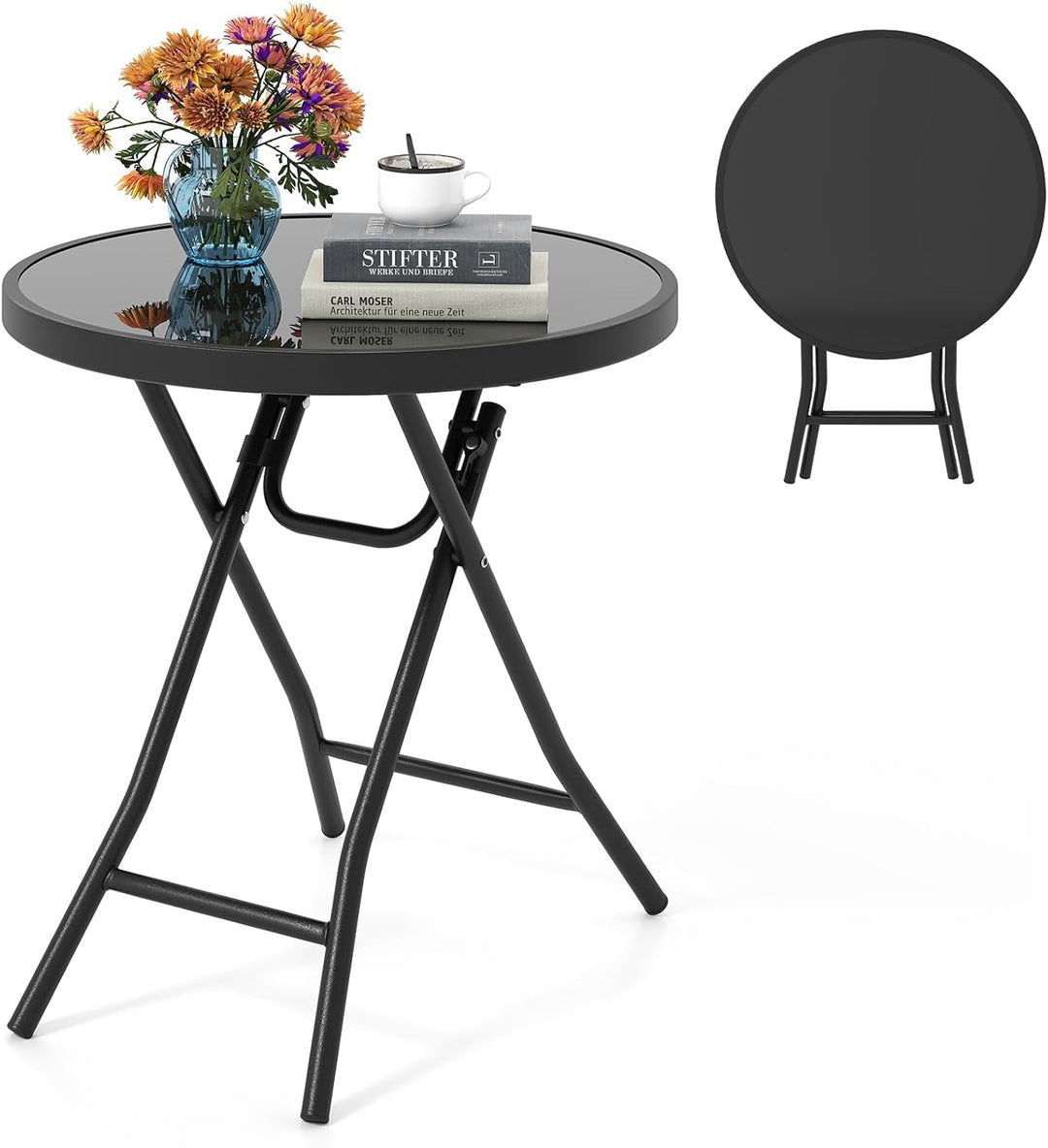 Giantex Folding Outdoor Side Table - 18” Round End Table with Tempered Glass Tabletop &amp; Metal Frame