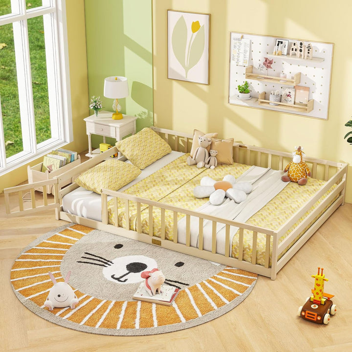 Giantex Floor Bed with Door &amp; Fence Kids Wood Montessori Beds with Safety Guardrails