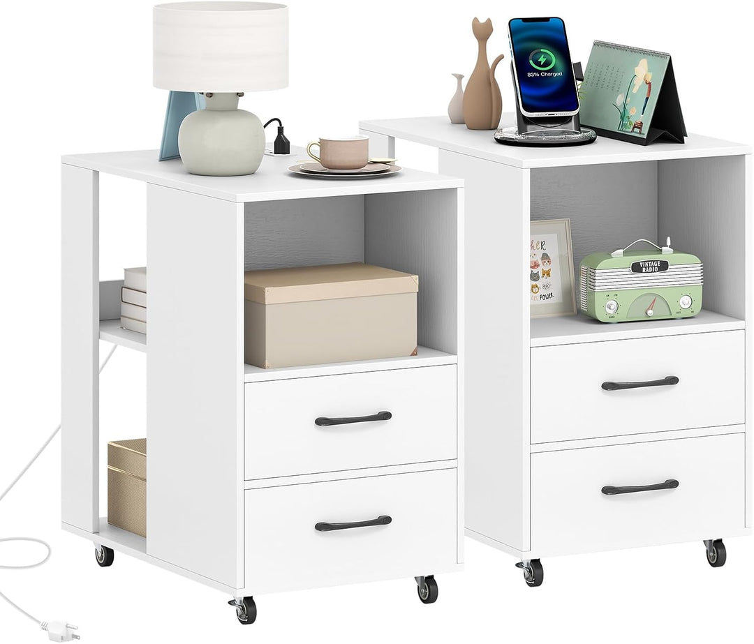 Giantex End Table with Charging Station - Night Stand on Wheels