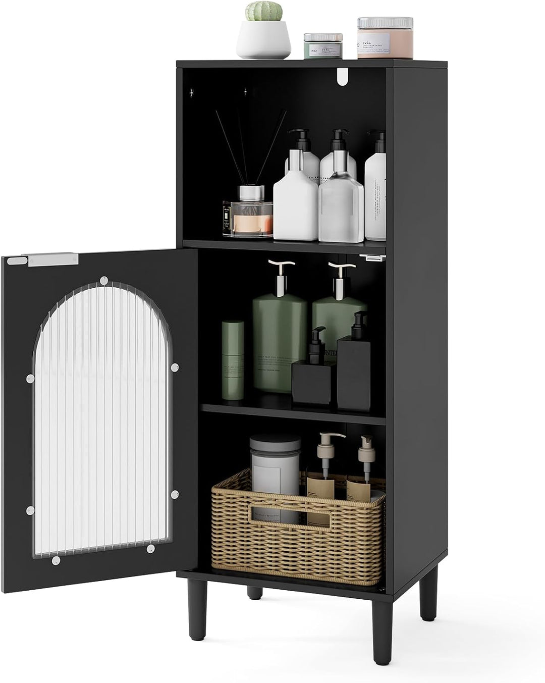 Giantex Bathroom Corner Floor Cabinet with Removable Shelf &amp; Fluted Tempered Glass Door