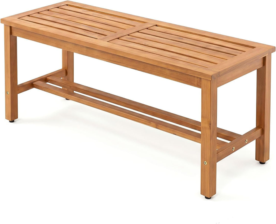 Giantex Outdoor Wooden Bench 2-Person Patio Bench w/Slatted Seat | Acacia Wood Garden Bench with Adjustable Foot Pads for Porch