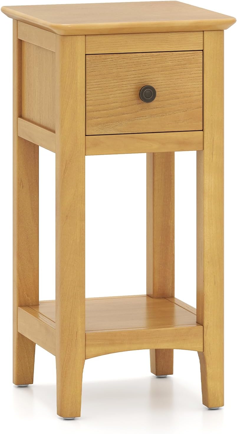 Giantex Narrow End Table with Drawer 23.5" H Side Table w/Open Storage Shelf &amp; Solid Wood Frame