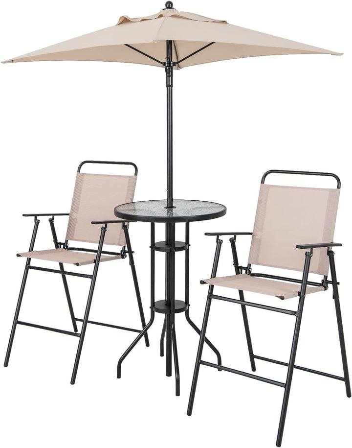 Giantex 4-Piece Outdoor Bar Set, Round High Top Bar Table with 2 Folding Counter Height Chairs &amp; Umbrella