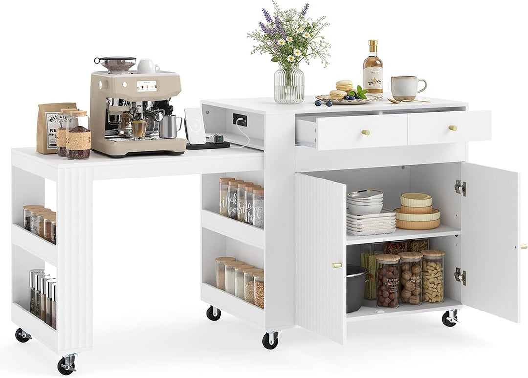 GIANTEX 72”-44.5” Extendable Kitchen Island with Storage, Power Outlet | Rolling Kitchen Island Table on Wheels w/Fluted Doors