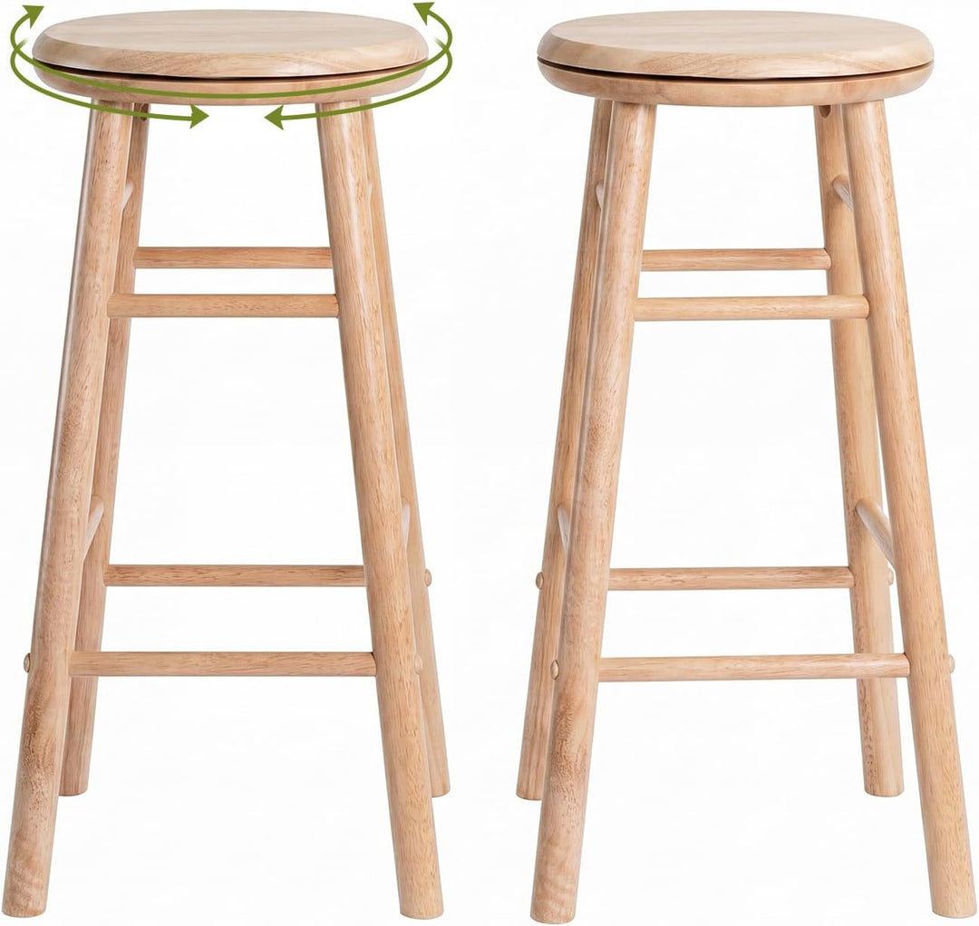GIANTEX 24 Inch Swivel Bar Stools Set of 2, Rubber Wood, Walnut | Round Bar Chairs w/Backless Design