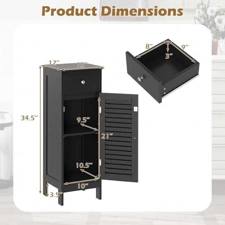 GIANTEX Bathroom Floor Storage Cabinet with Door and Drawer, Black | Freestanding Side Cabinet with 3-Height Adjustable Shelf
