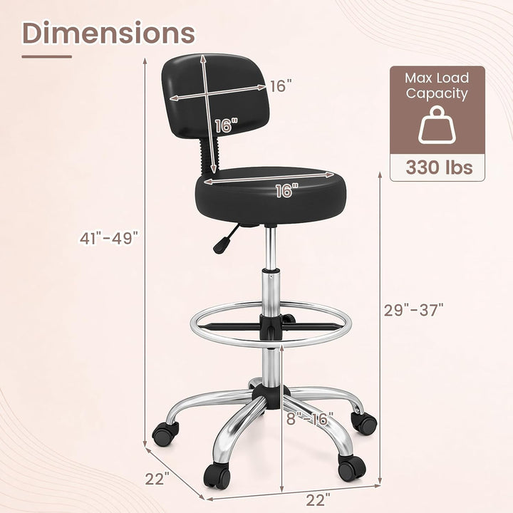 GIANTEX Drafting Chair with Back, Adjustable Foot Rolling Stool with Wheels | PVC Leather Tall Office Chair w/ Thickened Cushion