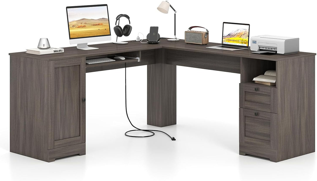 Giantex 66" L-Shaped Desk with Storage Drawers &amp; Charging Station
