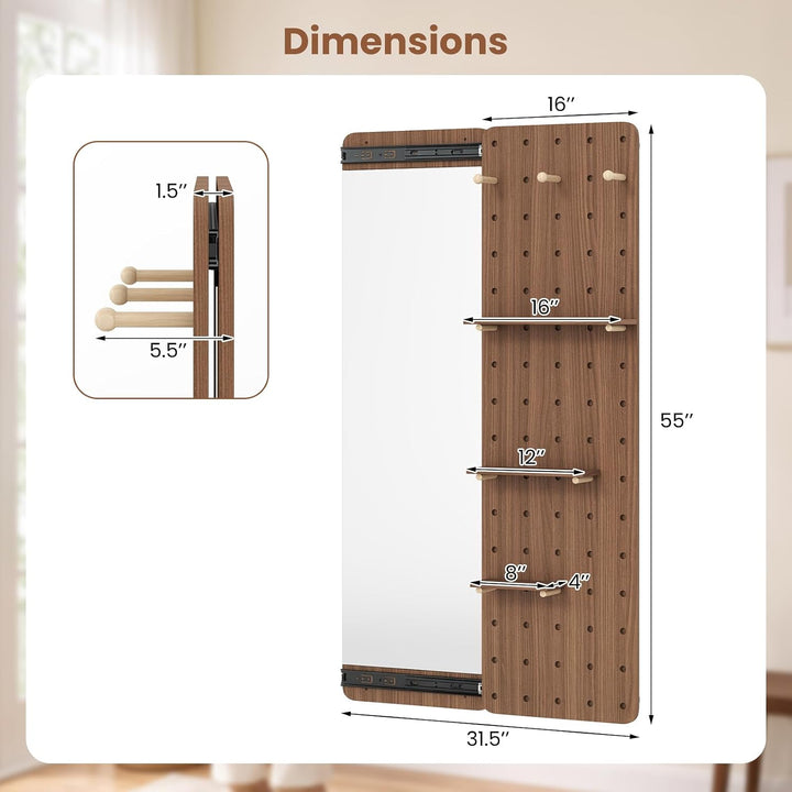 CHARMAID 55" Full Length Wall Mirror with Sliding Pegboard | Wall Mounted Entryway Mirror