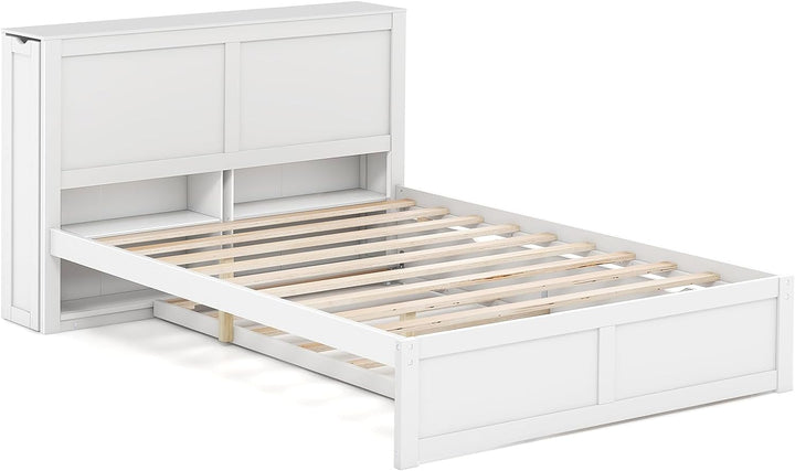 Giantex Full Bed Frame with Twin Trundle, Wooden Bed Wooden Bed Frame with 2 Rolling Bookcases &amp; High Headboard