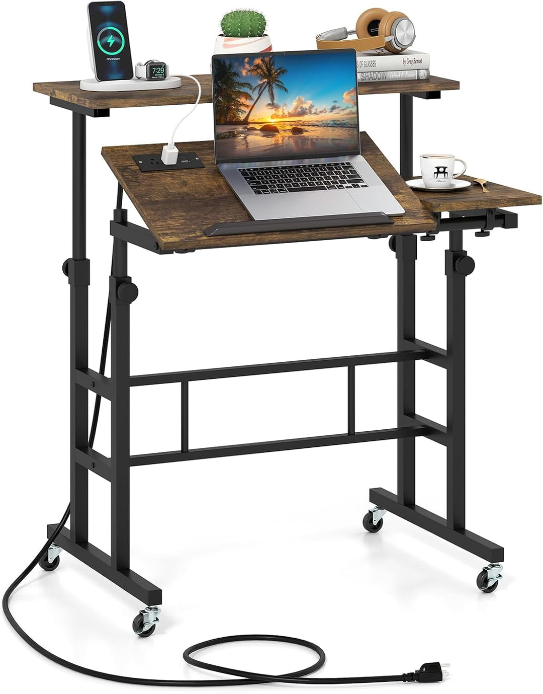 GIANTEX Mobile Standing Desk, Adjustable Rolling Computer Desk (Brown) | Tilting Desktop &amp; Storage Shelves