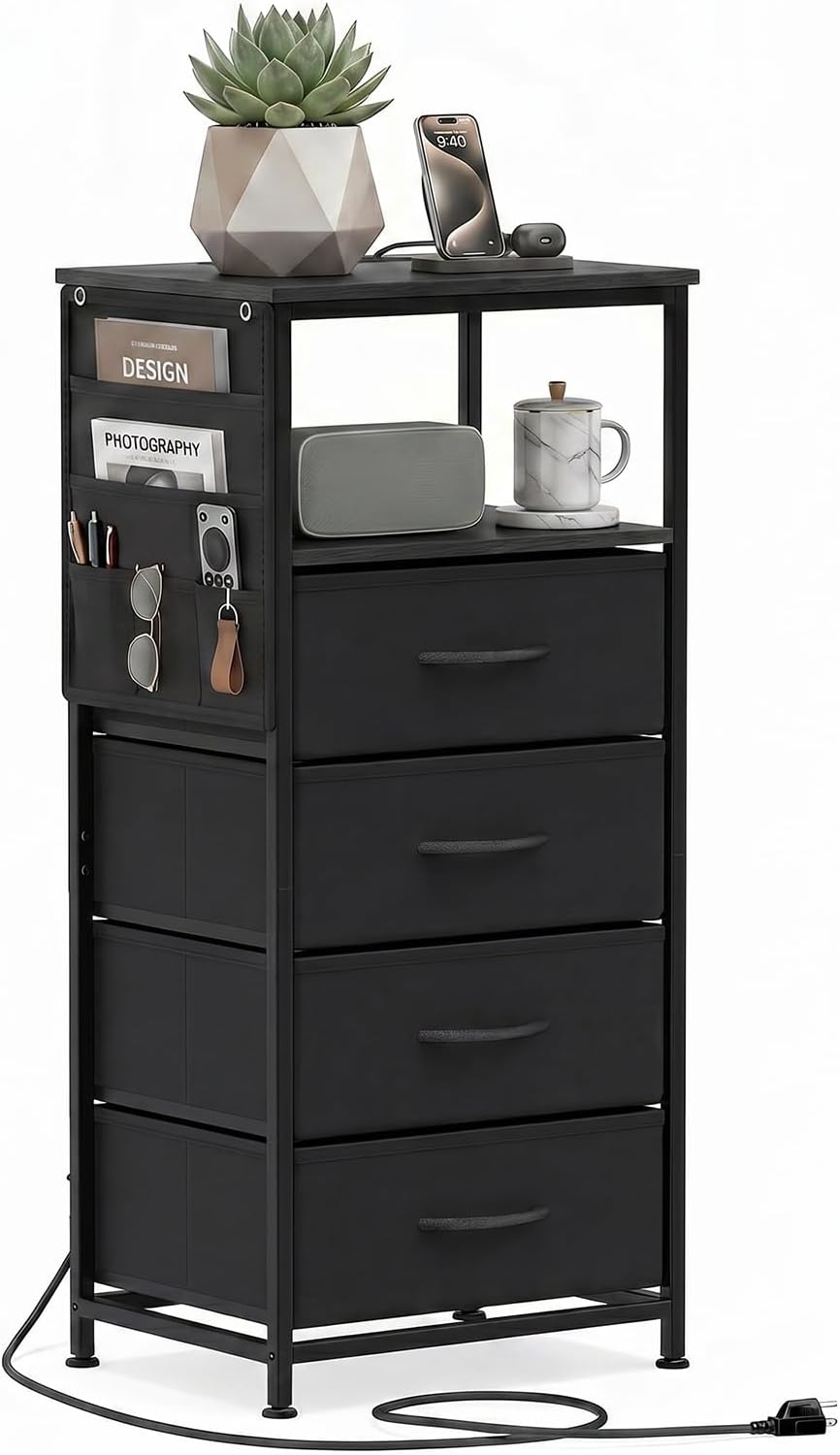 GIANTEX Modern 34" Bedside Table with 4 Fabric Drawers (1/2)