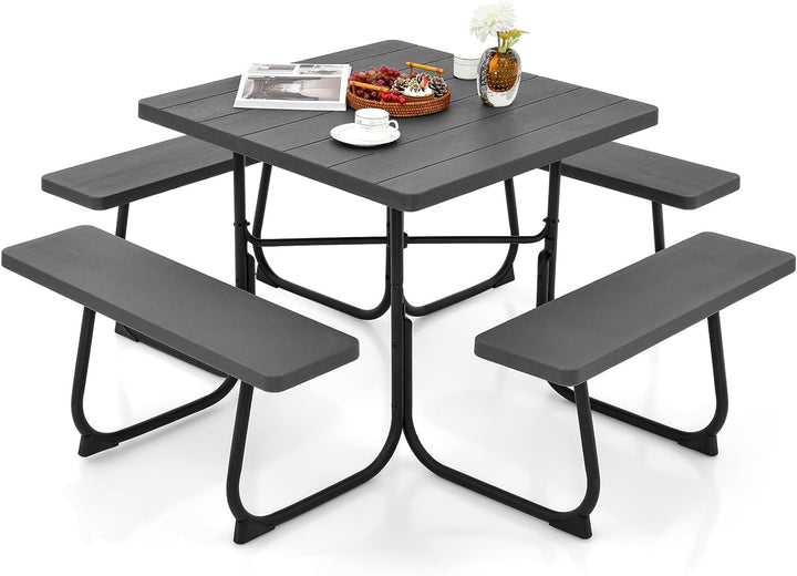 Giantex Picnic Table Set for 4-8 Persons, Outdoor Table and Bench Set with Umbrella Hole, HDPE Top &amp; Metal Frame
