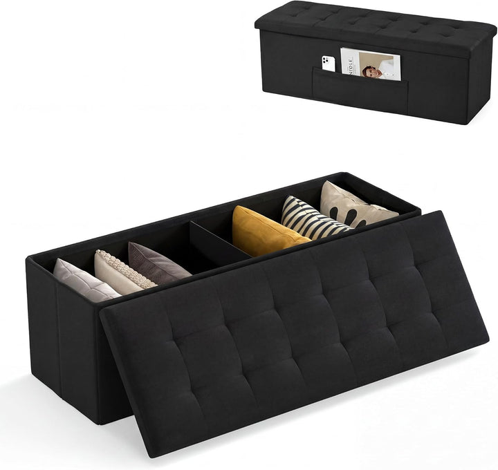 Giantex 43 Inches Folding Storage Ottoman Bench Upholstered Storage Chest with Side Pocket