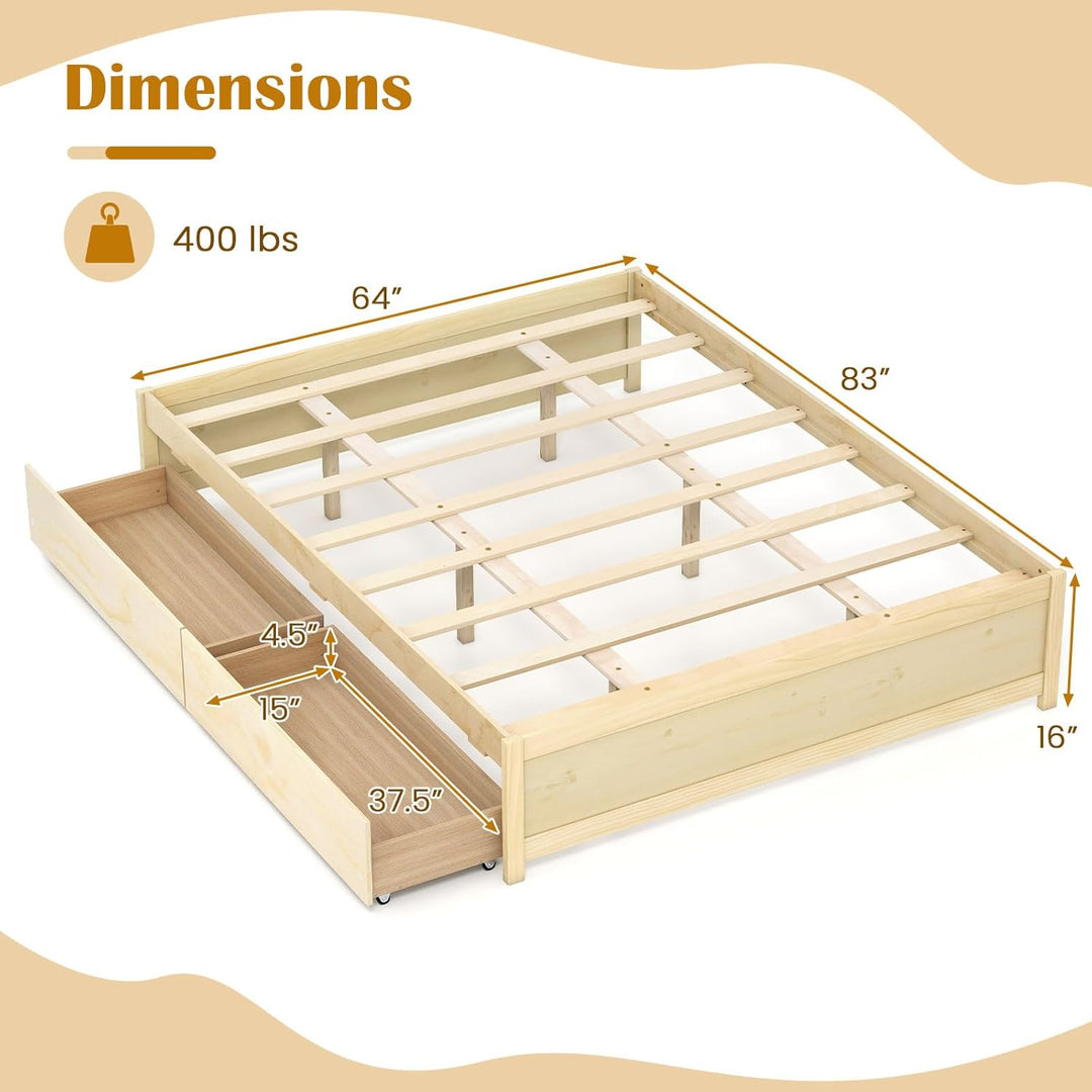 Giantex Queen/Full/Twin Size Bed Frame with 2 Storage Drawers, Solid Wood Platform Bed with Slats Support