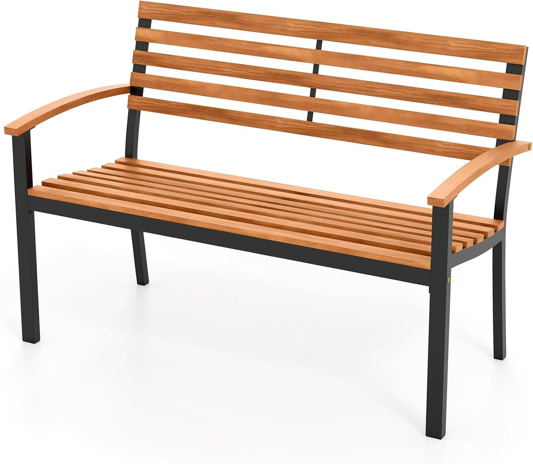 Outdoor Bench, Acacia Wood Patio Loveseat with Slatted Backrest &amp; Seat, Armrests