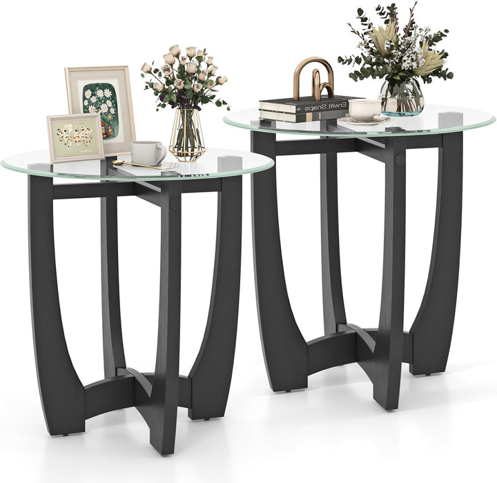 Giantex Glass End Table, Round Side Table with Rubber Wood Frame &amp; Tempered Glass Top, 23.5" Small Black Coffee Table
