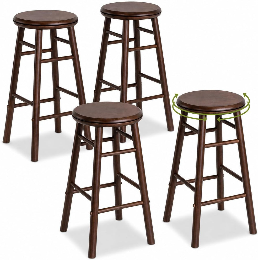 GIANTEX 24 Inch Swivel Bar Stools Set of 2, Rubber Wood, Walnut | Round Bar Chairs w/Backless Design