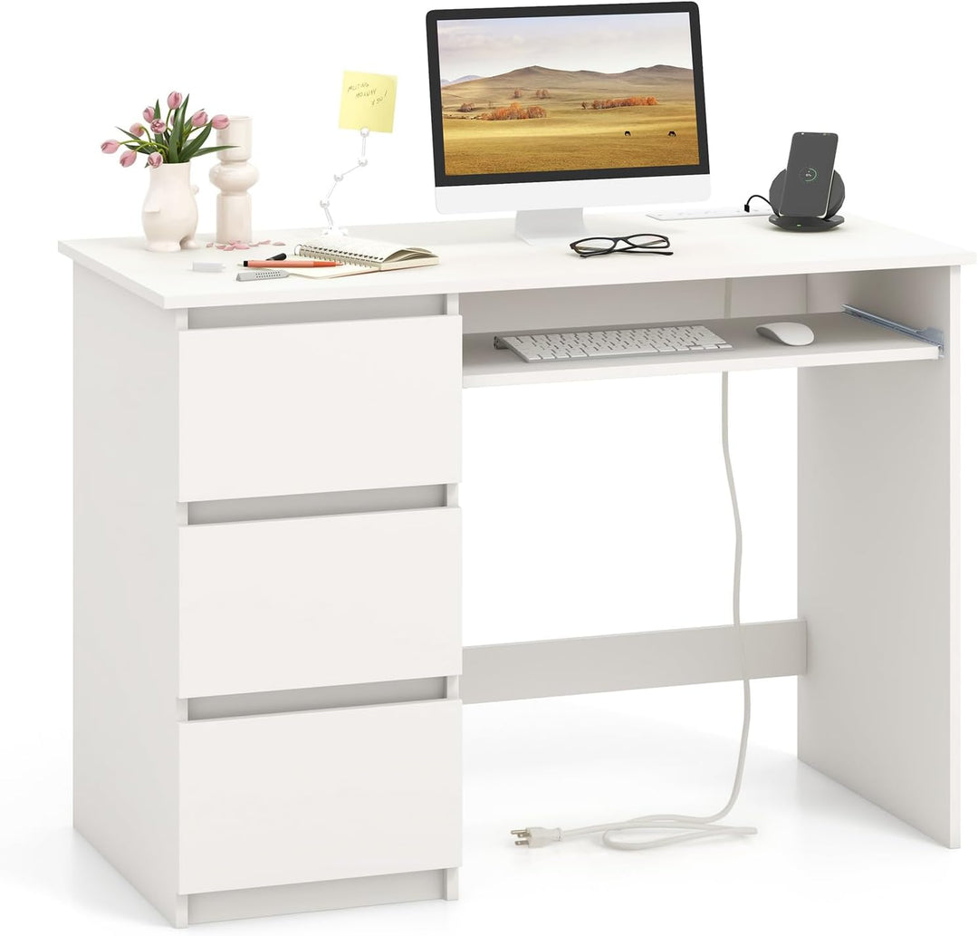 Giantex Computer Desk with Power Outlet, Modern Office Desk with Keyboard Tray &amp; 3 Large Drawers