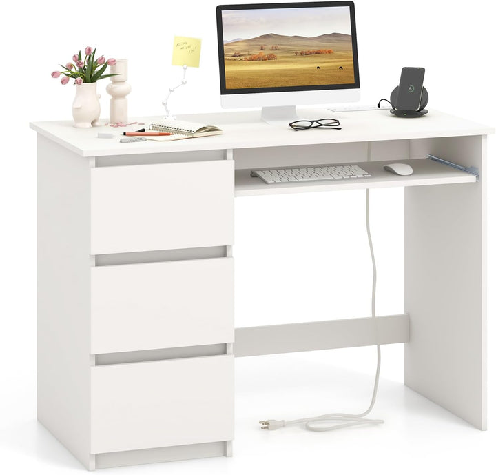 Giantex Computer Desk with Power Outlet, Modern Office Desk with Keyboard Tray &amp; 3 Large Drawers