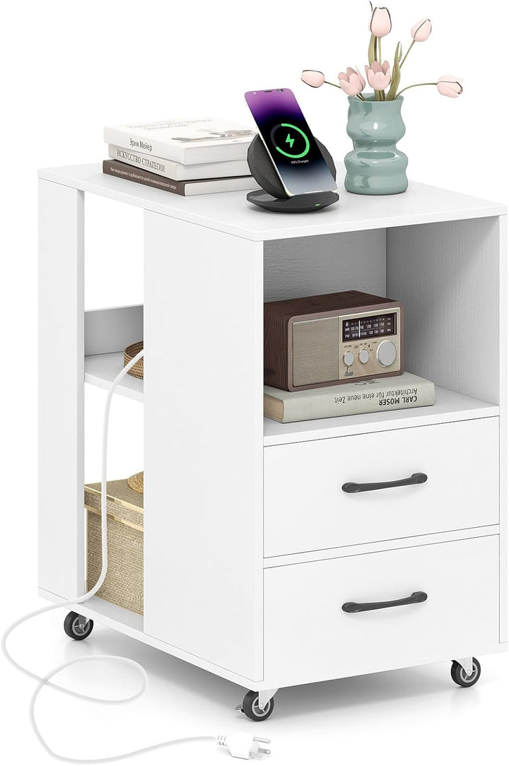 Giantex End Table with Charging Station - Night Stand on Wheels