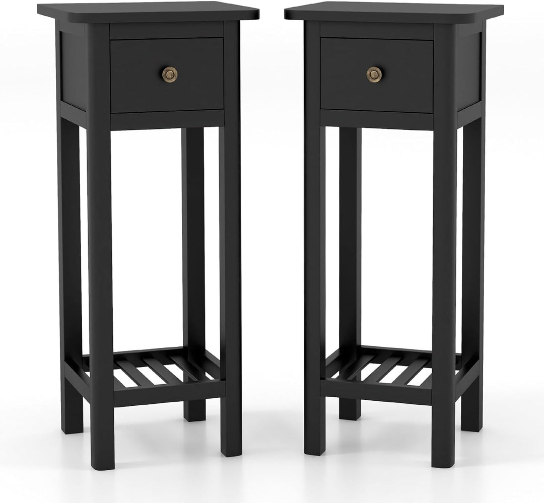 Giantex Narrow End Table with Drawer, Tall Acacia Wood Side Table with Bottom Shelf, Modern Bedside Tables
