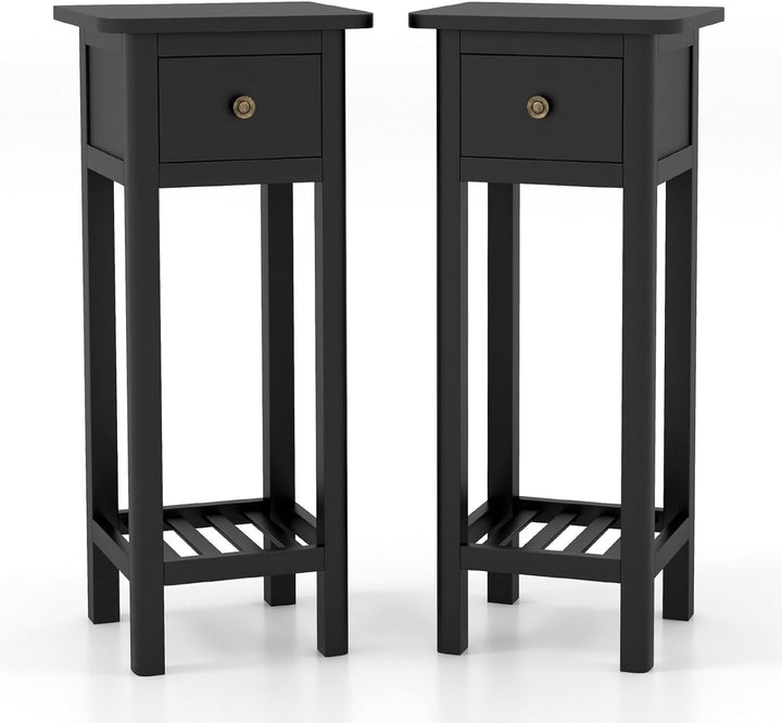 Giantex Narrow End Table with Drawer, Tall Acacia Wood Side Table with Bottom Shelf, Modern Bedside Tables