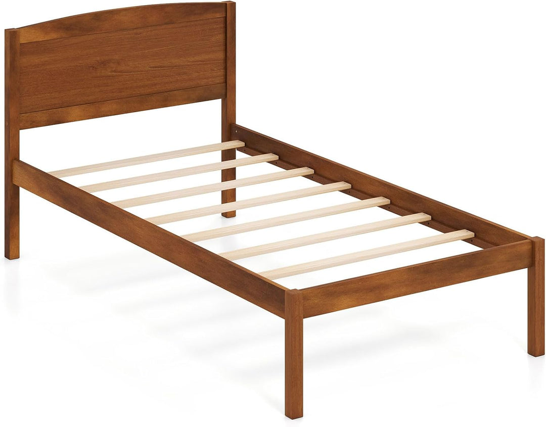 GIANTEX Wooden Bed Frame with Curved Headboard, Wood Slat Support | Farmhouse Platform Bed w/Heavy Duty Mattress Foundation