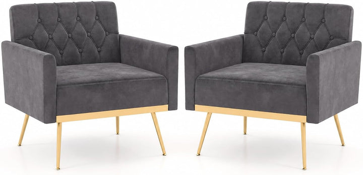 Giantex Modern Velvet Accent Chair Set of 1/2, Mid-Century Upholstered Single Sofa Chair w/Button Tufted Back