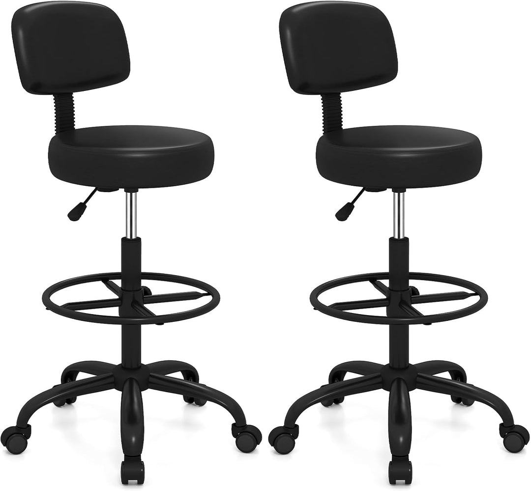 GIANTEX Drafting Chair with Back, Adjustable Foot Rolling Stool with Wheels | PVC Leather Tall Office Chair w/ Thickened Cushion