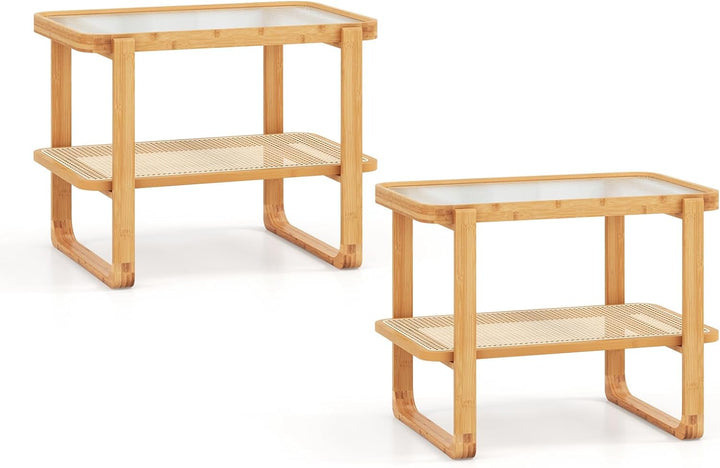 Giantex Rattan Side Table, Boho End Table with Glass Top and 2-Tier Storage Shelves
