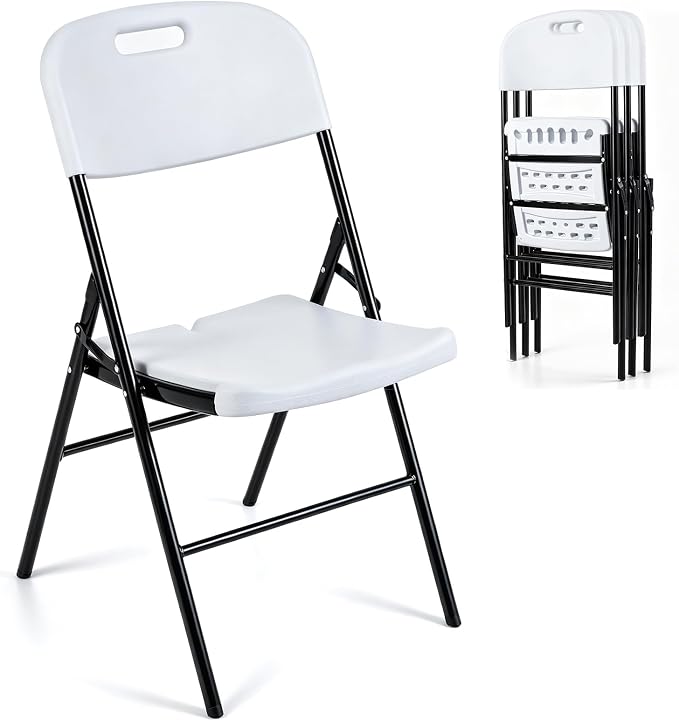 Giantex Folding Plastic Chairs 4 Pack w/HDPE Backrest &amp; Seat, White | Stackable Portable Seating w/ Steel Frame
