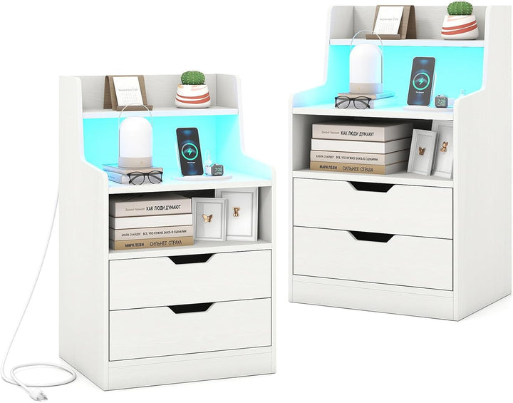Giantex Nightstand with LED Light and Charging Station for Living Room Bedroom
