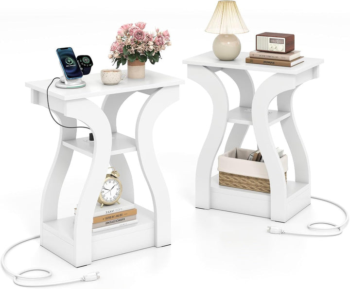 Giantex End Tables with Charging Station Set of 2 Narrow Sofa Side Tables with Open Storage Shelves