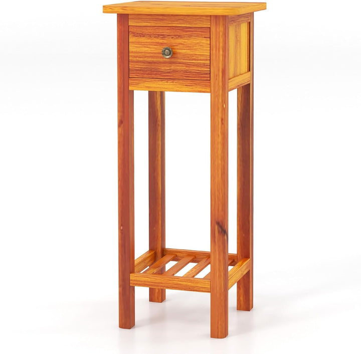 Giantex Narrow End Table with Drawer, Tall Acacia Wood Side Table with Bottom Shelf, Modern Bedside Tables