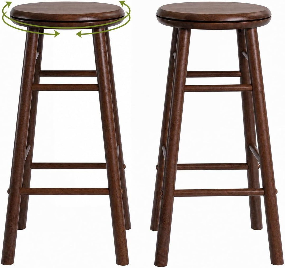 GIANTEX 24 Inch Swivel Bar Stools Set of 2, Rubber Wood, Walnut | Round Bar Chairs w/Backless Design