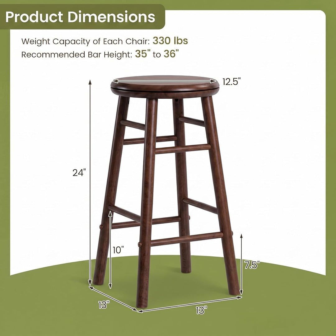 GIANTEX 24 Inch Swivel Bar Stools Set of 2, Rubber Wood, Walnut | Round Bar Chairs w/Backless Design