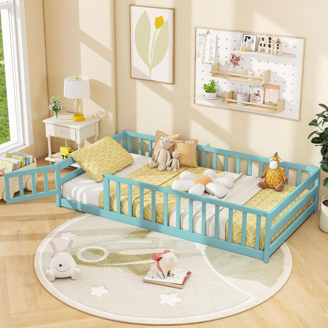 Giantex Floor Bed with Door &amp; Fence Kids Wood Montessori Beds with Safety Guardrails