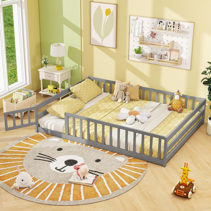 Giantex Floor Bed with Door &amp; Fence Kids Wood Montessori Beds with Safety Guardrails