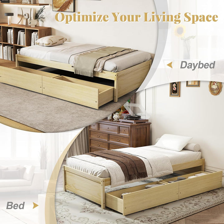 Giantex Queen/Full/Twin Size Bed Frame with 2 Storage Drawers, Solid Wood Platform Bed with Slats Support