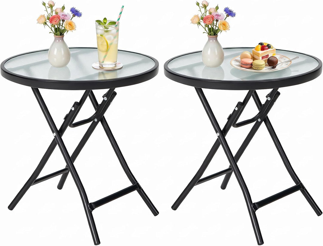 Giantex Round Folding Side Table w/Tempered Glass Tabletop &amp; Metal Frame (1/2)