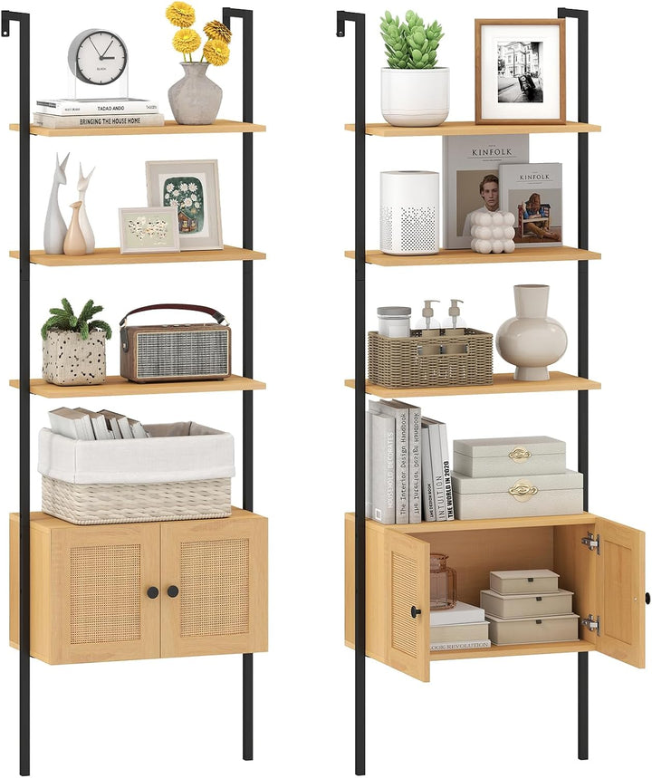 Giantex 72.5" Tall Wall-Mounted 5-Tier Ladder Bookcase with Rattan Cabinet
