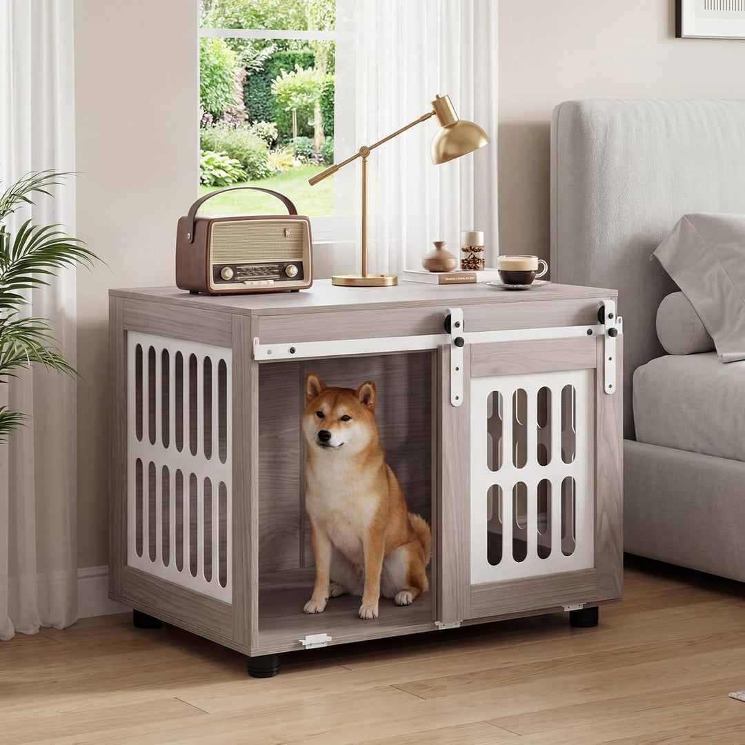 GIANTEX 31.5" Dog Crate Furniture with Barn Door for Small Medium Dogs | Farmhouse Wooden Dog Kennel