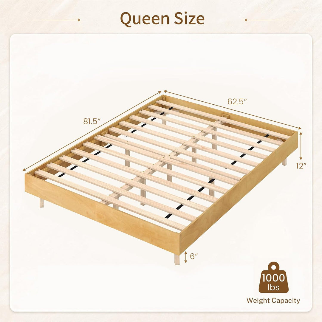 GIANTEX Wood Floating Bed Frame Queen Size with Smart LED Light, Natural | Modern Platform Bed w/Heavy Duty Mattress Foundation