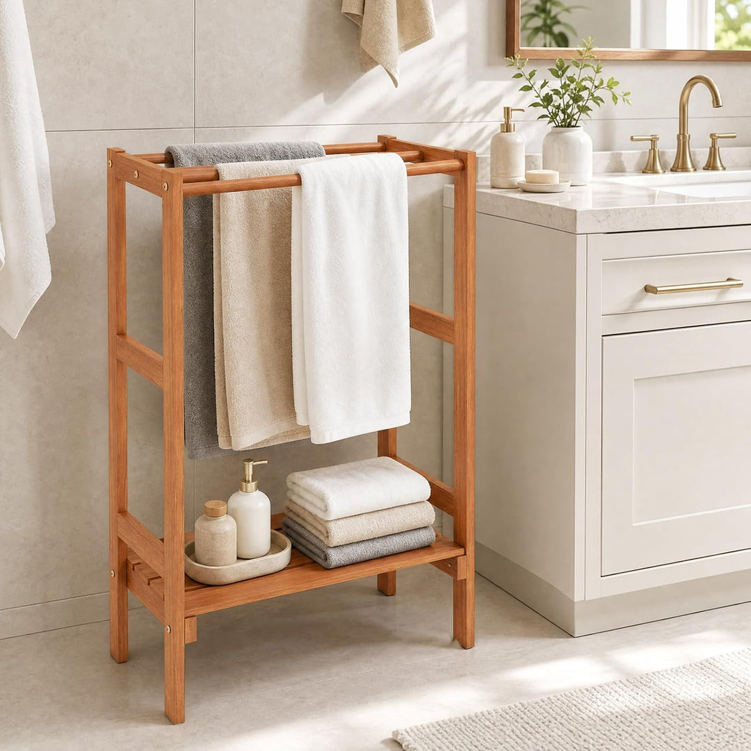 GIANTEX 3-Bar Wood Towel Rack Freestanding with Bottom Storage Shelf | Wooden Towel Drying Stand