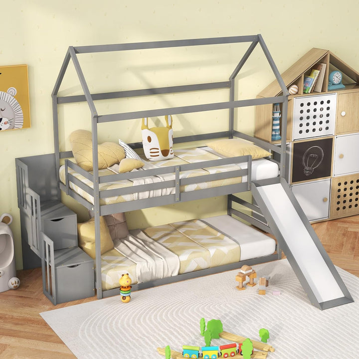 Giantex House Bunk Bed Twin Over Twin with Slide and Storage Stairs, Solid Wood Low Loft Bed Frame with Roof &amp; Guardrail
