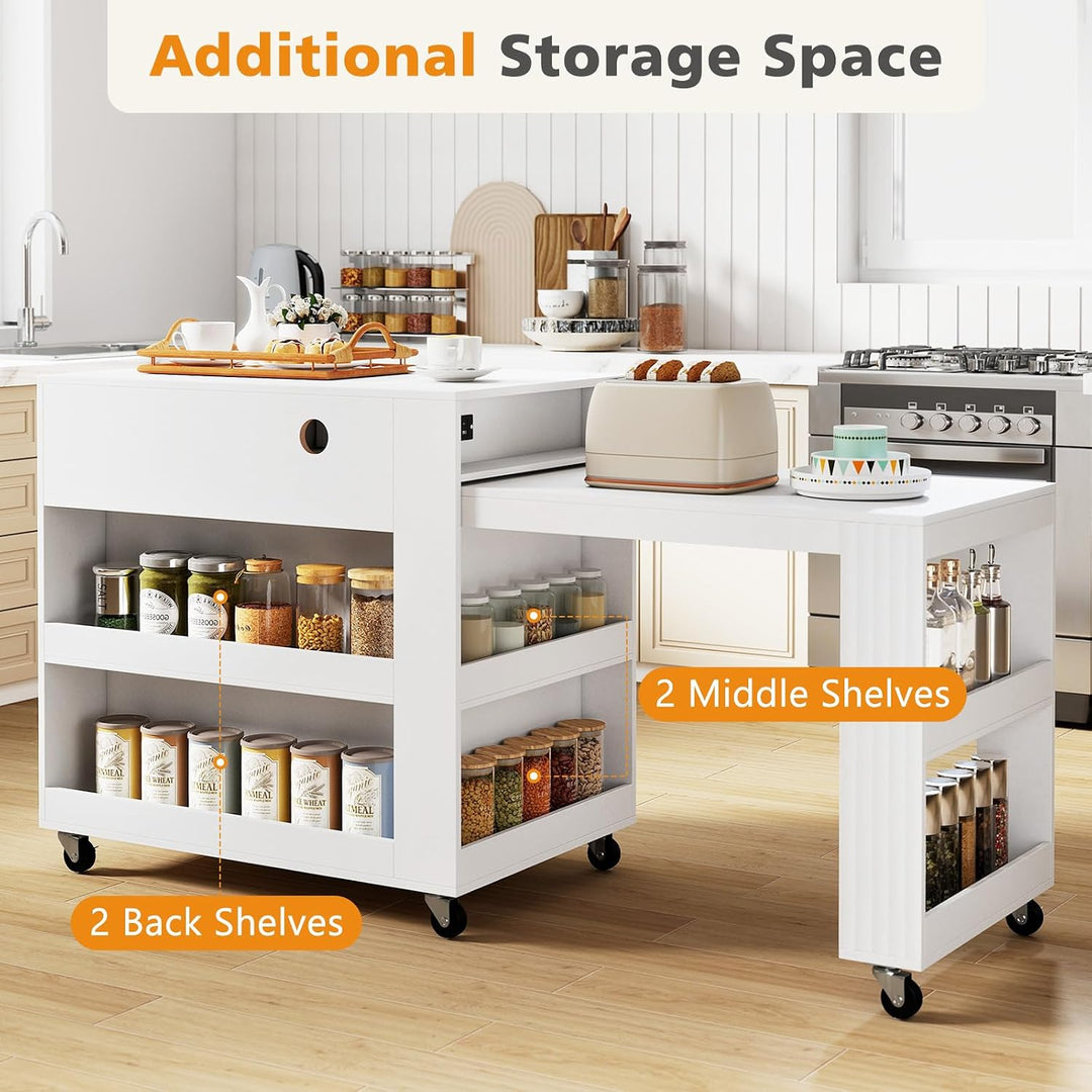 GIANTEX 72”-44.5” Extendable Kitchen Island with Storage, Power Outlet | Rolling Kitchen Island Table on Wheels w/Fluted Doors