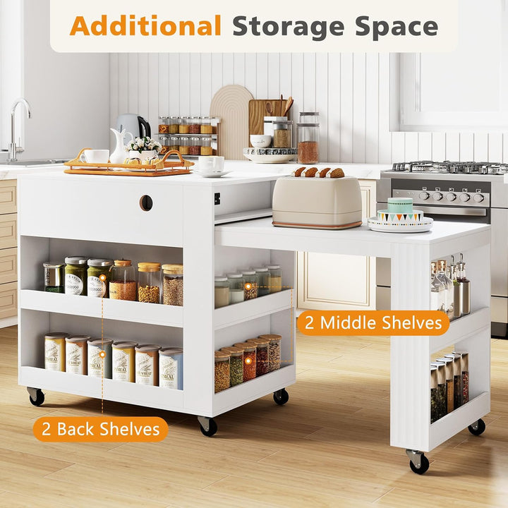 GIANTEX 72”-44.5” Extendable Kitchen Island with Storage, Power Outlet | Rolling Kitchen Island Table on Wheels w/Fluted Doors