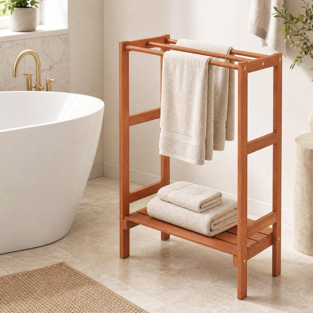GIANTEX 3-Bar Wood Towel Rack Freestanding with Bottom Storage Shelf | Wooden Towel Drying Stand