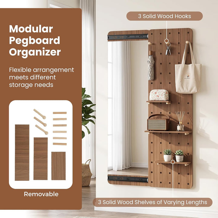 CHARMAID 55" Full Length Wall Mirror with Sliding Pegboard | Wall Mounted Entryway Mirror